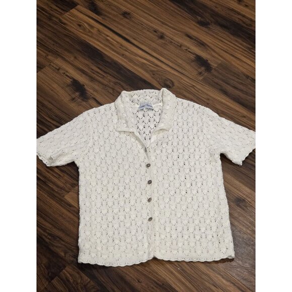 Vintage White Crochet Knit Button Shirt Cotton Forever USA M Cardigan - Picture 3 of 11